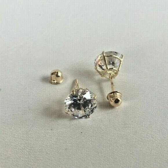 14K SOLID YELLOW GOLD STUD EARRINGS W/ 4 CARATS ROUND SIMULATED DIAMONDS - Picture 5 of 6